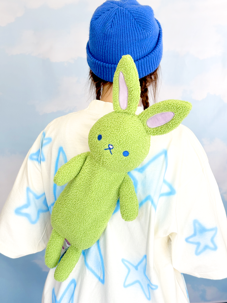 Person wearing a blue knit hat and white coat with star patterns, holding a green plush bunny toy.